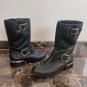 Vince Camuto Wantilla Black Leather Moto Boots with Gold Accents